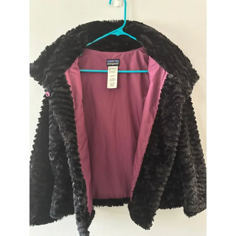 Patagonia Girls Pelage Faux Fur Jacket Size XL 14 Black Winter Button Front - Picture 4 of 6